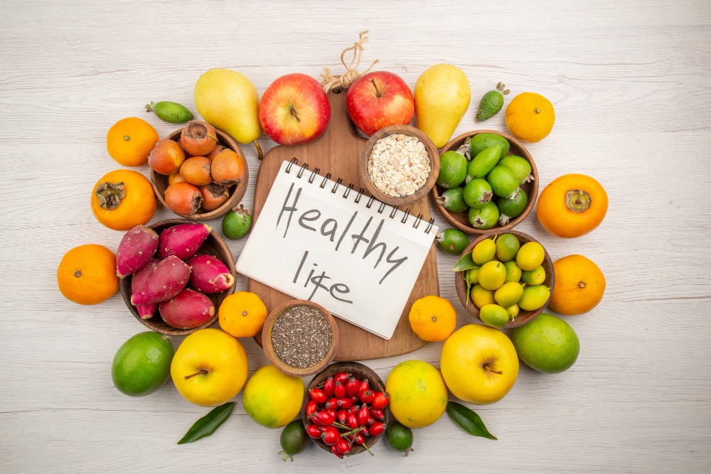 Fresh vegetables and healthy food ingredients arranged overhead
